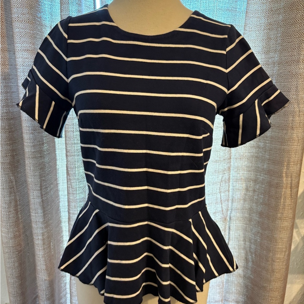 J. Crew Navy and White Striped Ruffle Sleeve Blouse